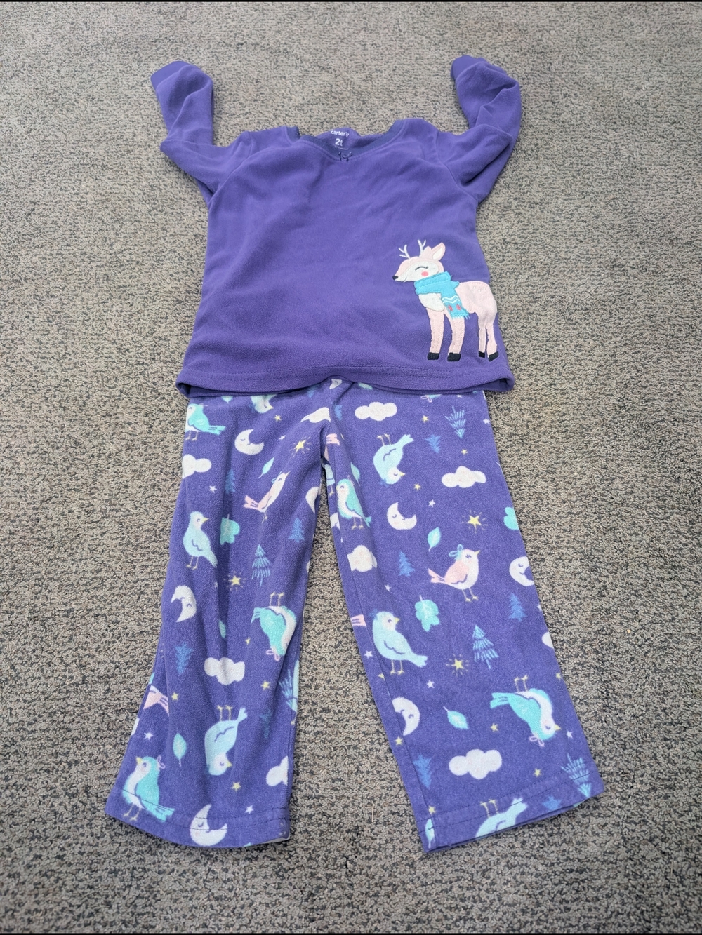 Carter's Purple Fleece Pajama Set with Deer & Bird Prints